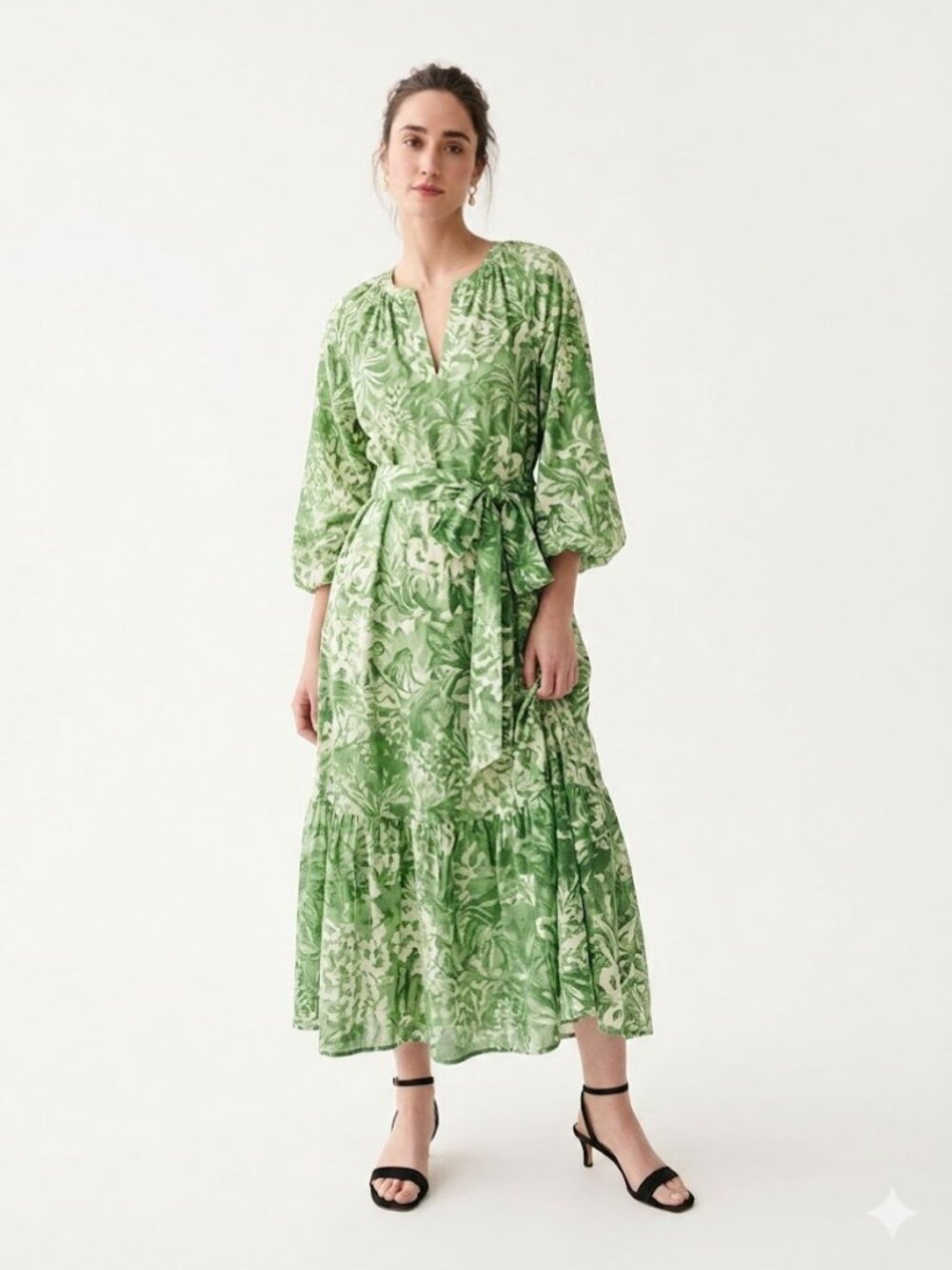 Ann Mashburn Aba Maxi Dress Silk Green White Floral Pockets XS Like New